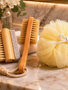 Foot Scrub Wooden Brush Pumice Stone, double sided brush natural bristles, Pouf